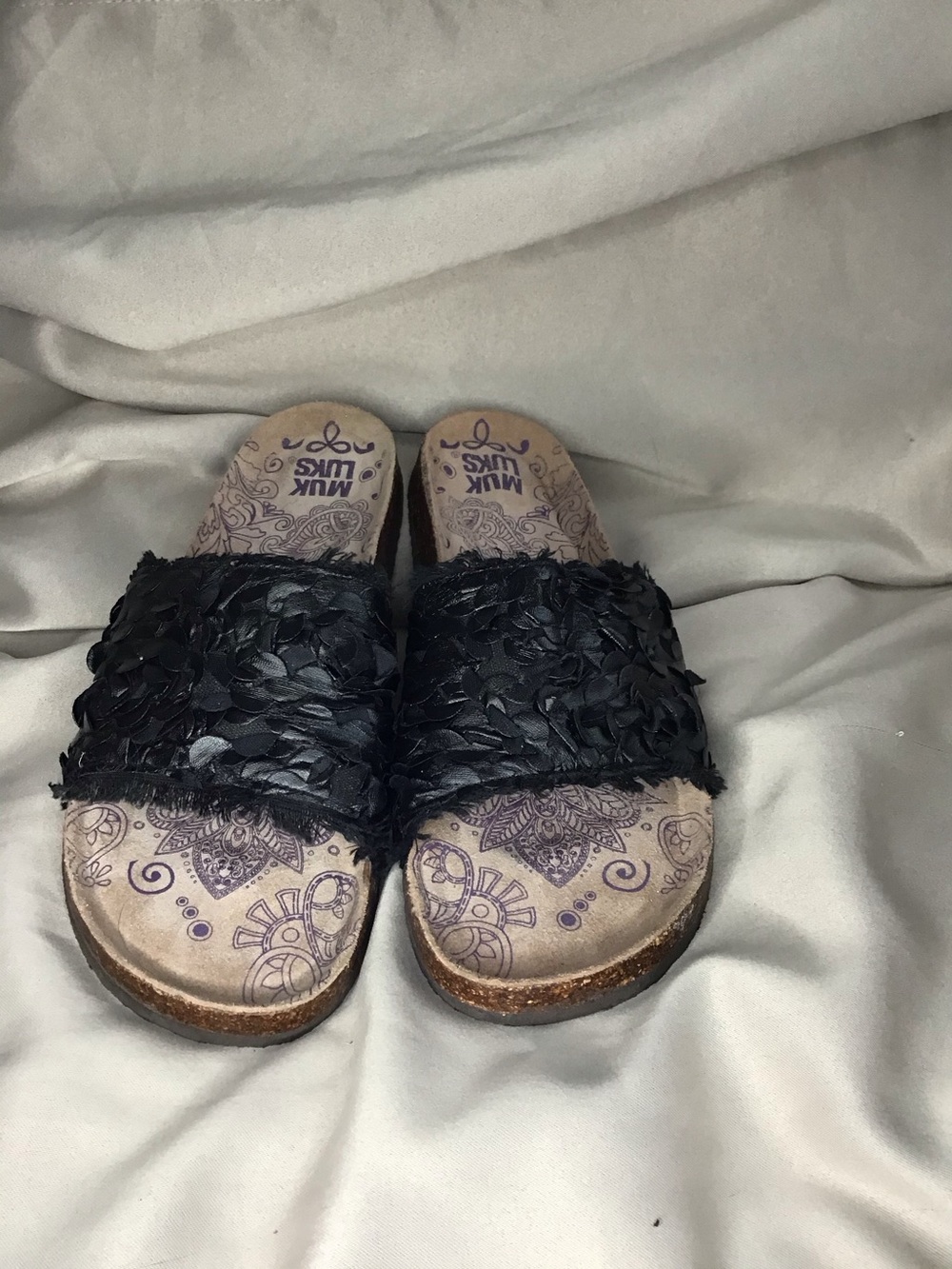 Muk Luks Black Floral Applique Slide Mules